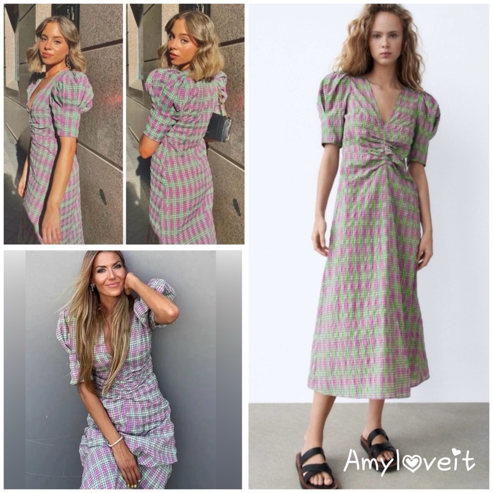 Zara Ruched Puff Sleeve Midi Dress #84